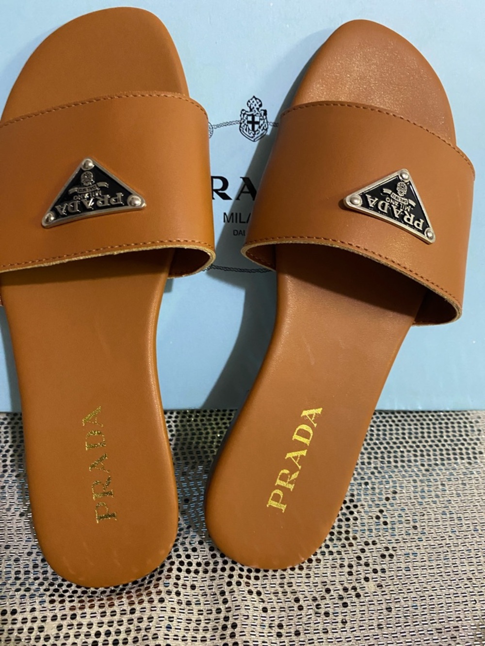 Prada Brown Leather Slide Sandals with Gold Logo Plaque - Picture 2 of 5